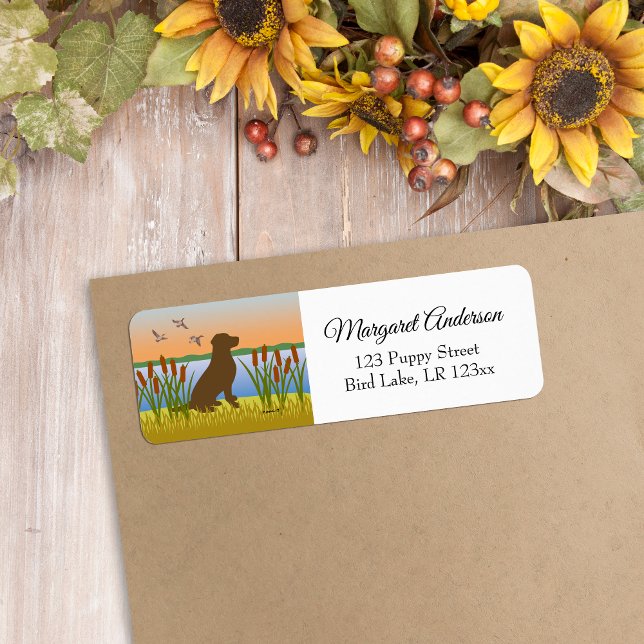 Chocolate Labrador Bird Hund Sunset Returadress Etikett (Chocolate Labrador Silhouette Design Return Address Label for Labrador Owners.  Bird Dog design.)