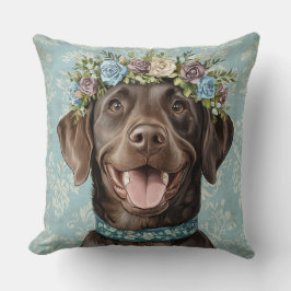 Chocolate Labrador Hund Blue Blommigt Kudde
