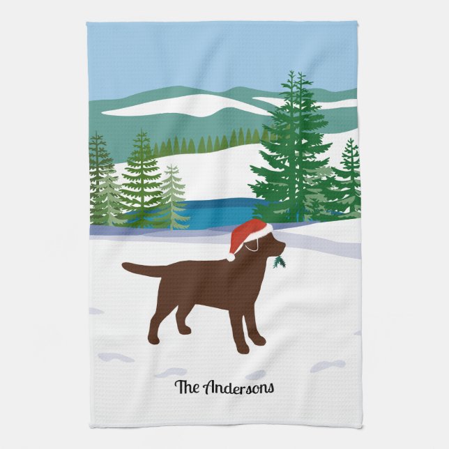 Chocolate Labrador jul Evergreen Santa Hat Kökshandduk (Vertikal)