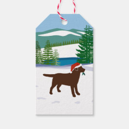 Chocolate Labrador jul Evergreen Santa Hat Presentetikett