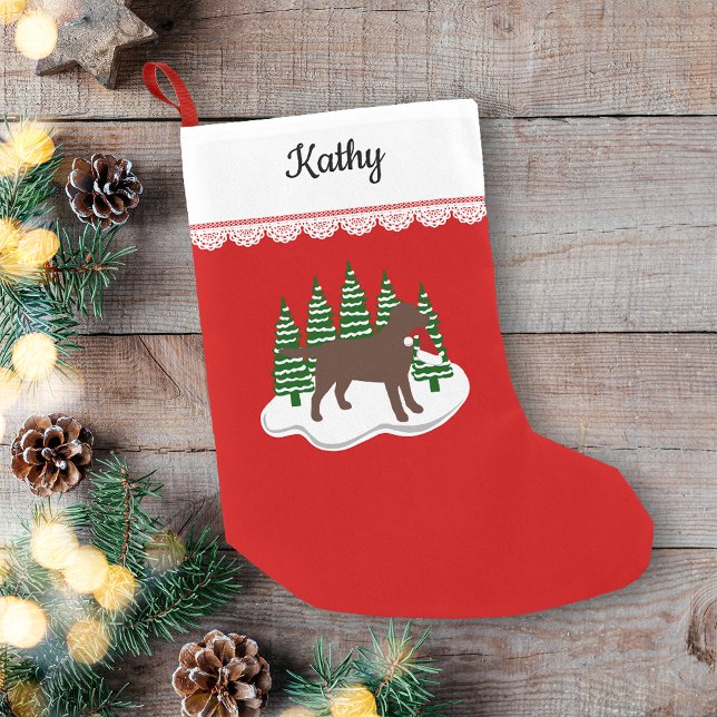 Chocolate Labrador jul Evergreen Träd Liten Julstrumpa (Personalized Chocolate Labrador Evergreen Trees Christmas Stocking for Labrador Owners.)