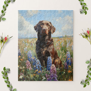 Chocolate Labrador Lupine Flowers Pussel