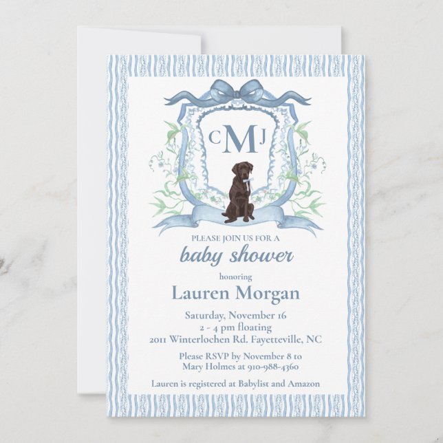 Chocolate Labrador Monogram Baby Shower-inbjudan Inbjudningar (Framsida)