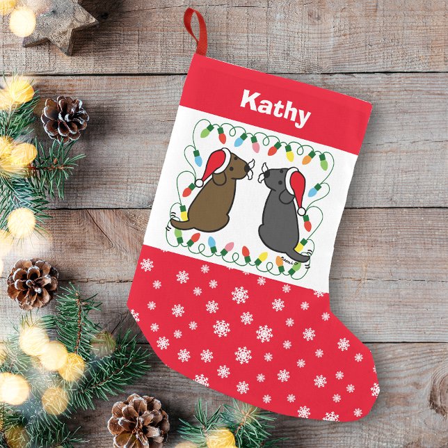 Chocolate Labrador och Black Labour Santas Liten Julstrumpa (Personalized Chocolate Labrador and Black Labrador Santas Christmas Stocking for Labrador Owners.)