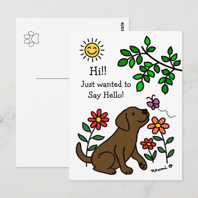 Chocolate Labrador och Grönt Hi Vykort (Fram/baksida)