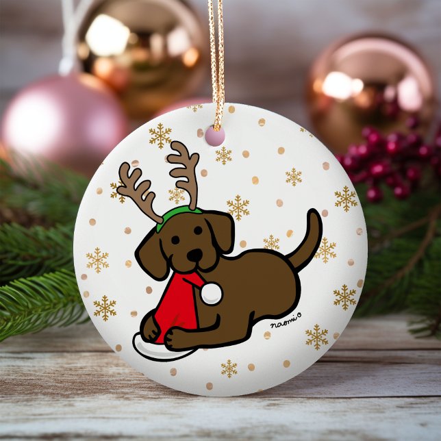 Chocolate Labrador och jultomtens Tecknad Julgransprydnad Keramik (Chocolate Labrador Santa Christmas Ornament for Labrador Owners.  Personalized gift idea.)