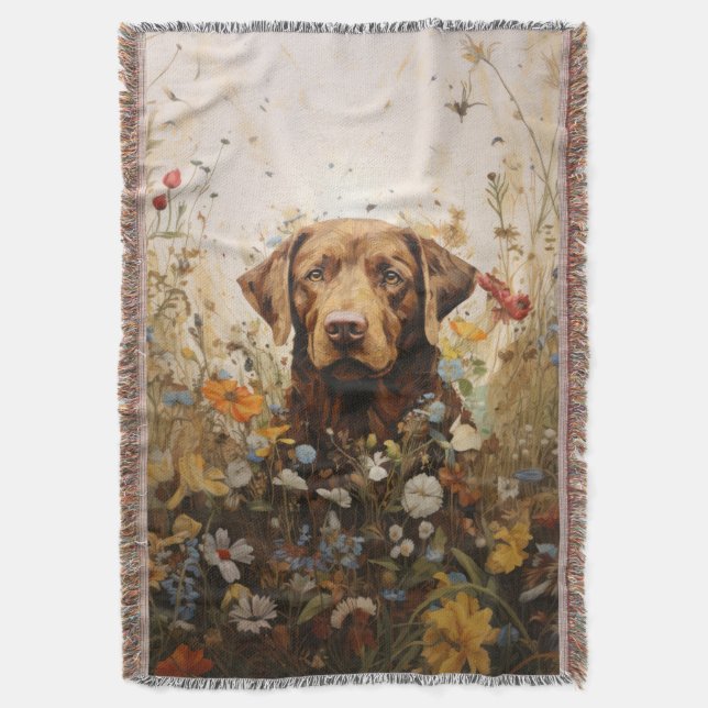 Chocolate Labrador och Wildblommor Throw Blanket Filt (Framsidan Vertikal)