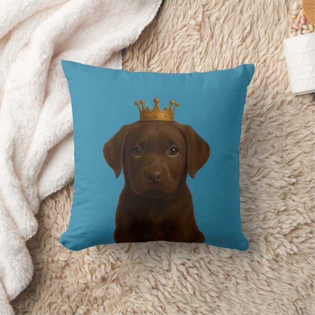 Chocolate Labrador Puppy i Krona Cute Guld Kudde (Filt)