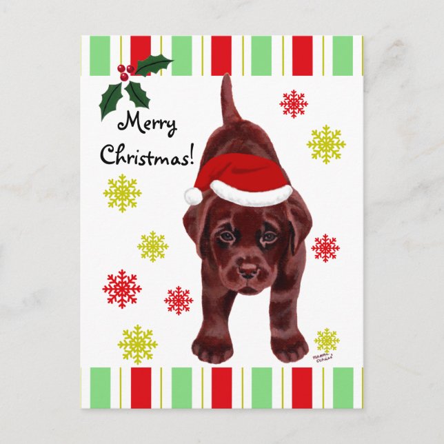 Chocolate Labrador Puppy & Santa Hat-jul Helg Vykort (Framsida)