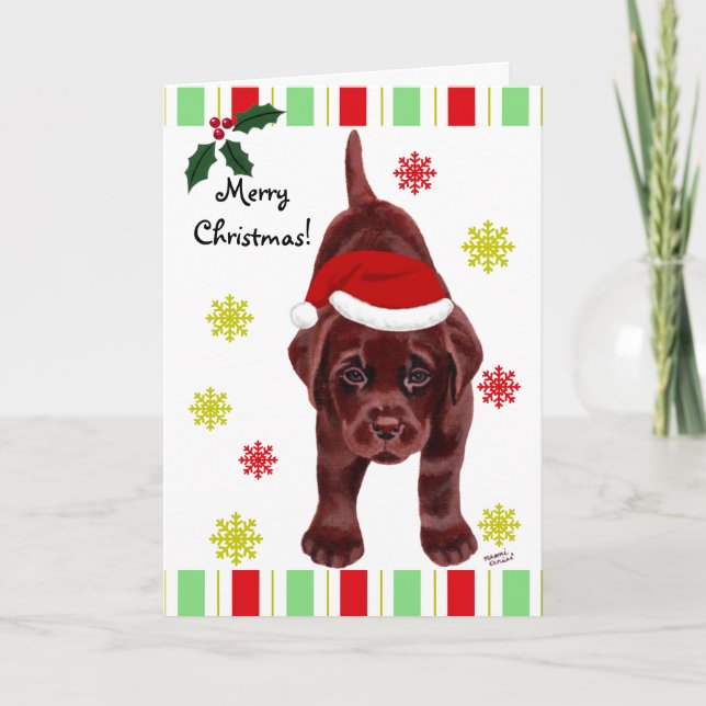 Chocolate Labrador Puppy & Santa Hat-jul Helgkort (Framsida)