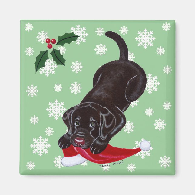 Chocolate Labrador Puppy & Santa Hat-jul Magnet (Framsidan)