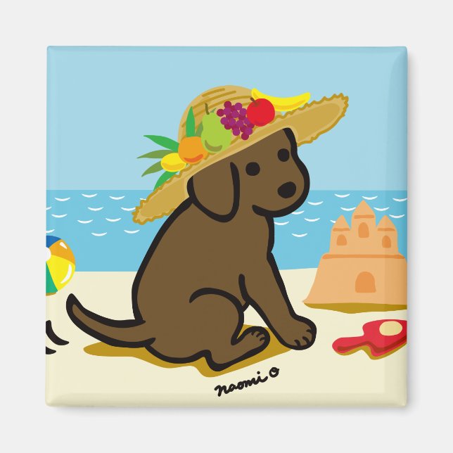 Chocolate Labrador Puppy Straw Hat Tecknad Magnet (Framsidan)