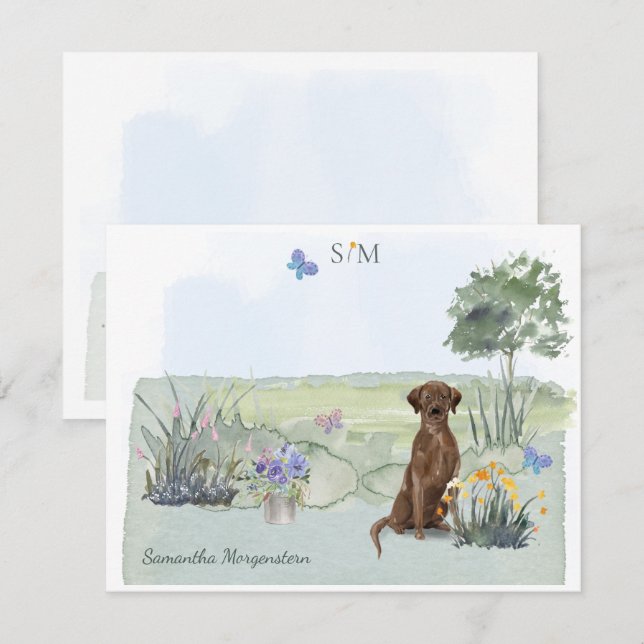 Chocolate Labrador Retrieve Hund Monogram & Namn Anteckningskort (Fram/baksida)
