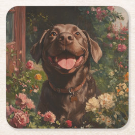 Chocolate Labrador Retriever Hund Cottage Garden Underlägg Papper Kvadrat