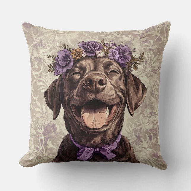 Chocolate Labrador Retriever Hund Lila Blommigt Kudde (Framsida)
