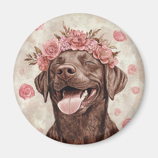 Chocolate Labrador Retriever Hund Rosa Blommigt Magnet (Framsidan)