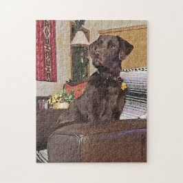 Chocolate Labrador Retriever på stol Pussel