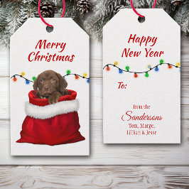 Chocolate Labrador Retriever Puppy i Santa Bag Presentetikett