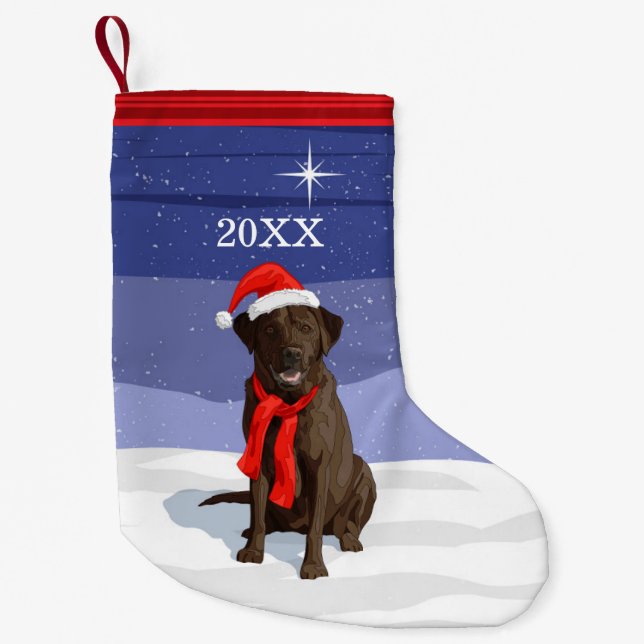 Chocolate Labrador Retriever Santa Hat & Scarf Liten Julstrumpa (Framsidan)
