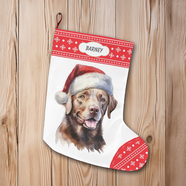 Chocolate Labrador Retriever Santa Hat Snowflake Stor Julstrumpa (Skapare uppladdad)