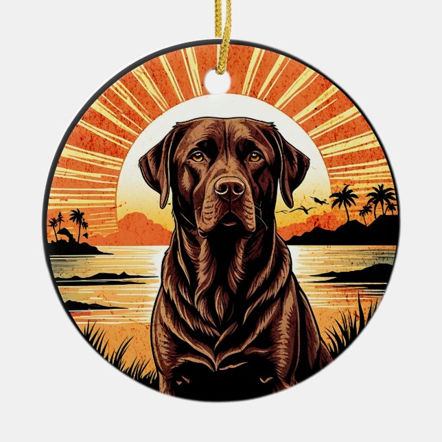 Chocolate Labrador Retro Sunset Dog Lover Julgransprydnad Keramik (Framsidan)