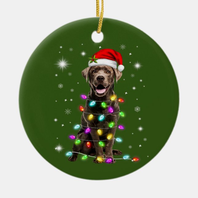 Chocolate Labrador Santa Hat jul Fairy Light Julgransprydnad Keramik (Framsidan)