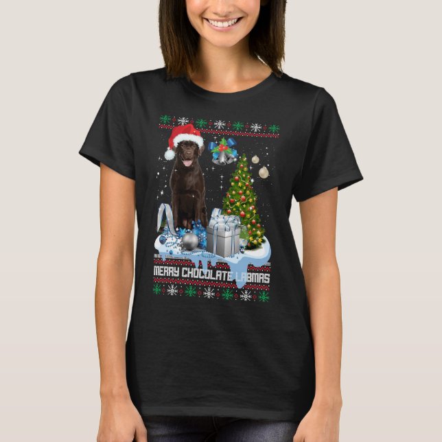 Chocolate Labrador Santa Hat Ugly jul T Shirt (Framsida)