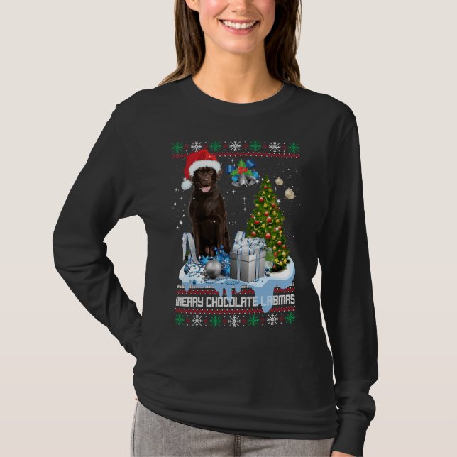 Chocolate Labrador Santa Hat Ugly jul T Shirt (Framsida)