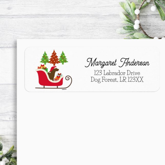 Chocolate Labrador Silhouette julhelg Returadress Etikett (Chocolate Labrador Silhouette Christmas Sleigh design Return Address Label for Labrador Owners.)