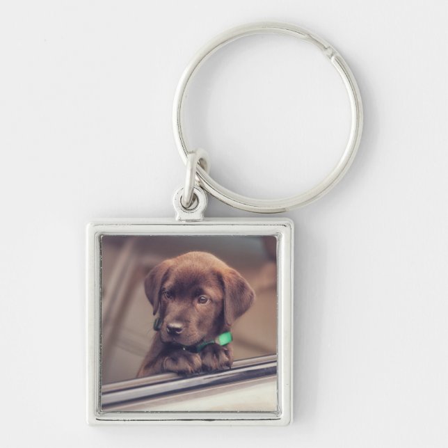 Chocolate Labrador-valpen i bil Fyrkantig Silverfärgad Nyckelring (Framsidan)