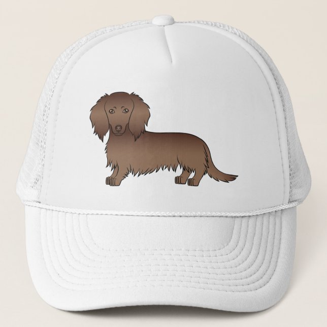Chocolate Long Hair Dachshund Cute Tecknad hund Keps (Framsida)