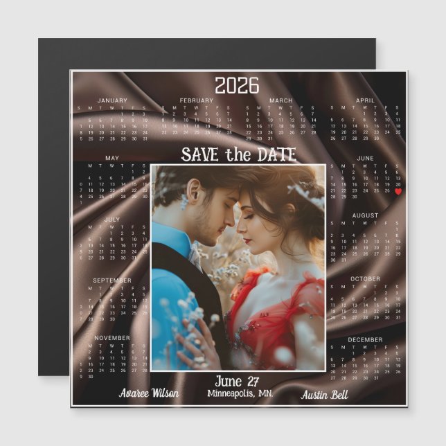 Chocolate Luxury Satin Save Date Engaged Couple (Fram/baksida)