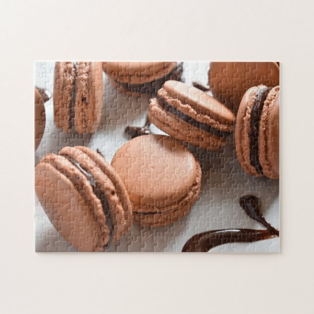 Chocolate Macaron Cookies Fransk Pastry Food Pussel (Horisontell)