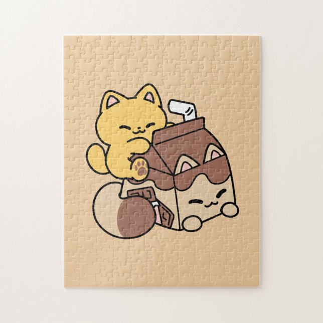 Chocolate Milk Sipping on Bliss – Kawaii Cat Food  Pussel (Vertikal)