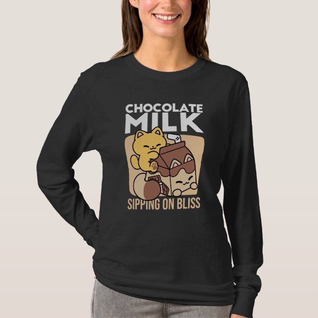 Chocolate Milk Sipping on Bliss – Kawaii Cat Food  T Shirt (Framsida)
