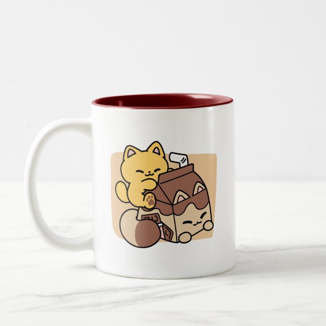 Chocolate Milk Sipping on Bliss – Kawaii Cat Food  Två-Tonad Mugg (Vänster)