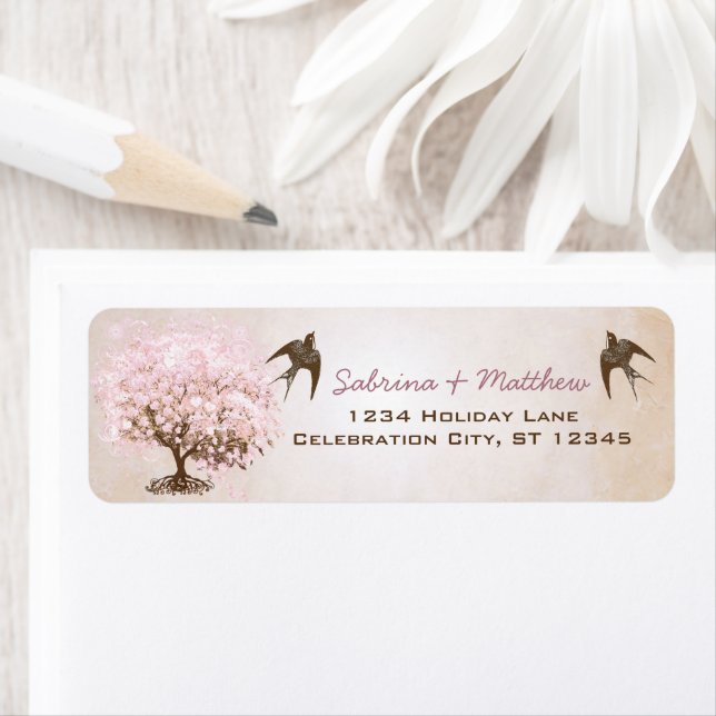 Chocolate Misty Rosa Heart Löv Träd Love birds Returadress Etikett (Insitu)