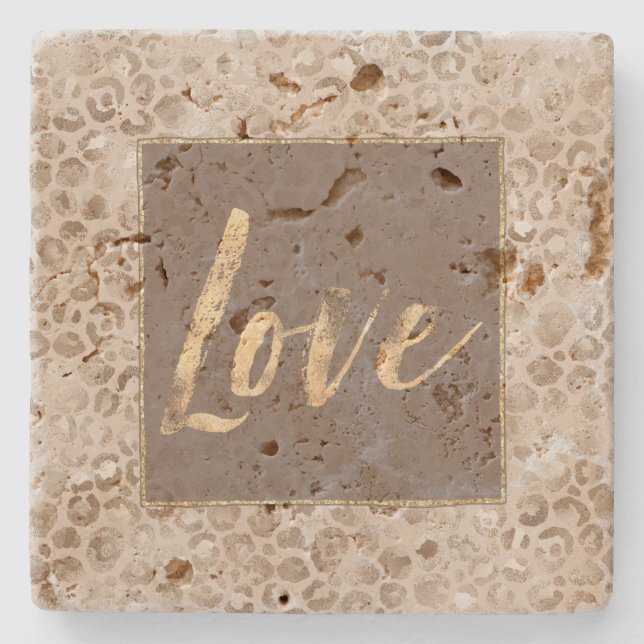 Chocolate Mocha Leopard Print Gold Love Square   Stenunderlägg (Framsidan)