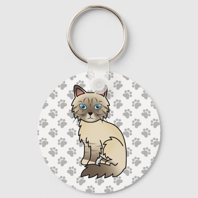 Chocolate Point Tabby Birman / Ragdoll Tecknad Kat Nyckelring (Framsida)
