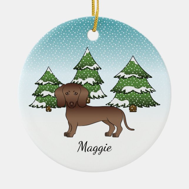 Chocolate Smooth Coat Dachshund - Vinter Skog Julgransprydnad Keramik (Framsidan)