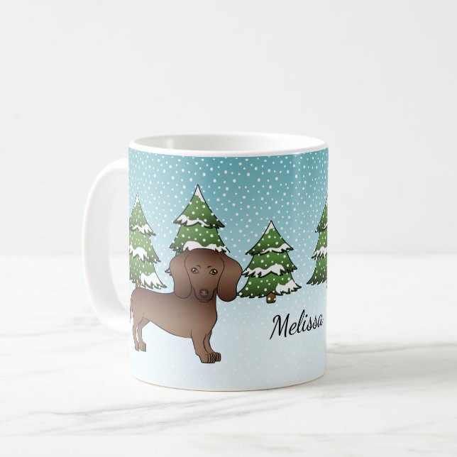 Chocolate Smooth Coat Dachshund - Vinter Skog Kaffemugg (Framsida vänster)