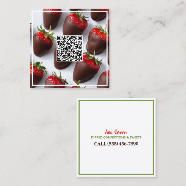 Chocolate Strawbär Anpassningsbar QR Fyrkantigt Visitkort (Fram/baksida)
