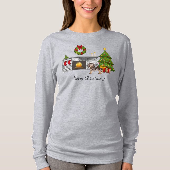 Chocolate & Tan Dapple Korthårig Dachshund - Jul T Shirt (Framsida)