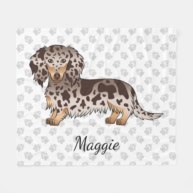 Chocolate & Tan Dapple Long Hair Dachshund & Namn Fleecefilt (Framsidan (Horisontell))