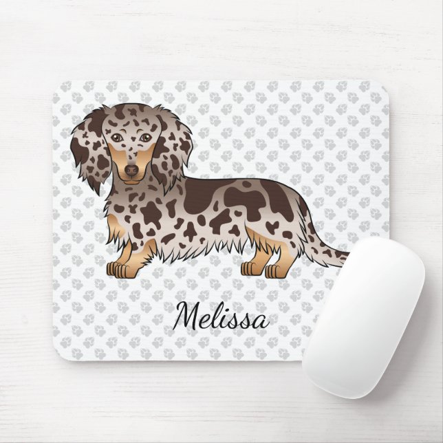Chocolate & Tan Dapple Long Hair Dachshund & Namn Musmatta (Med mus)