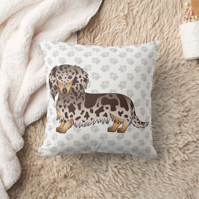 Chocolate & Tan Dapple Long Hair Dachshund & Tass Kudde (Filt)