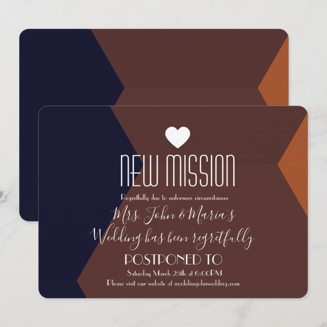 Chocolate Terracotta New Uppdrag Postponement Inbjudningar (Fram/baksida)