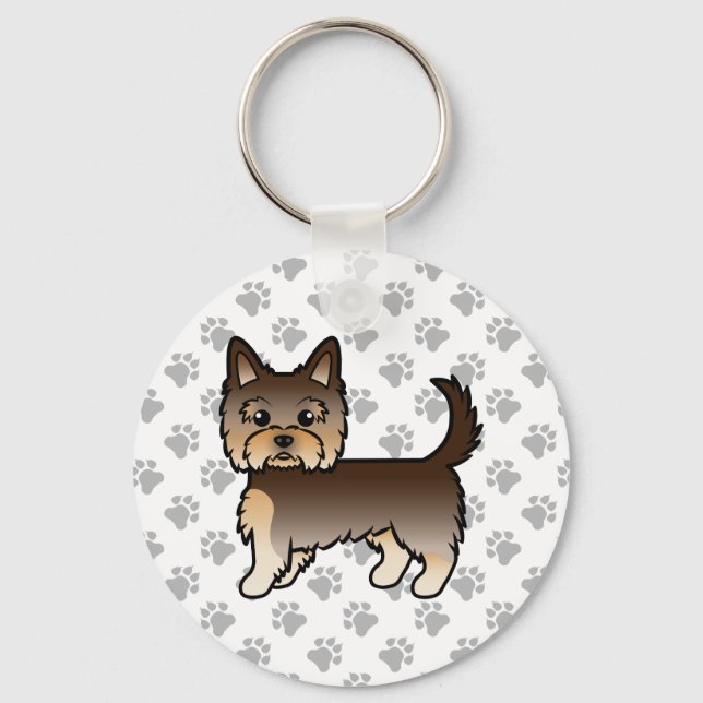 Chocolate Yorkshire Terrier Tecknad hund & Tass Nyckelring (Framsida)