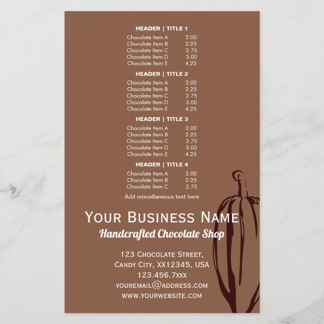 Chocolatier Chocolate Shop Menu, Modern Pod Cocoa Flygblad (Framsidan)
