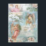 Choir Vintage jul Winter Änglar Collage Helg Vykort<br><div class="desc">Charming collage of vacker Victorian änglar,  snö-täckt gräs,  ro,  holly,  julmusik,  typografi,  evergreens och jordlandskap på landsbygden som gränsar till ömtåliga vita filigree på ljusblå himlar-bakgrund.</div>